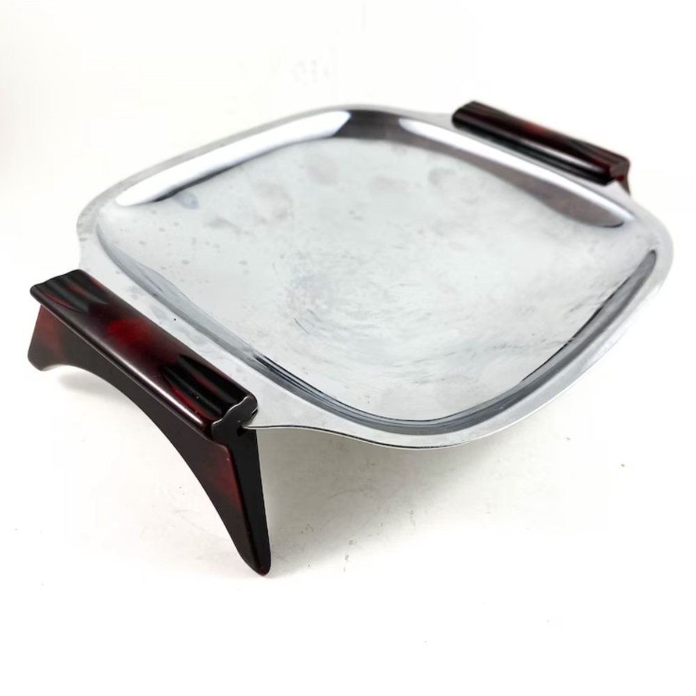 GOURMATES Styled By Glo-Hill Canada Square Bakelite Chrome Platter With Handle